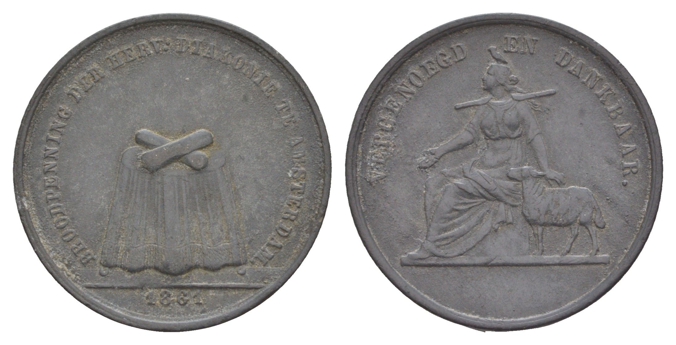 Нидерланды, Амстердам хлебный жетон (на покупку еды) с двумя буханками 1861 Женщина с протянутой рукой в ??компании овцы, стол с 3 буханками, диаметр 28 мм Kooij BR003.1 цинк 4654-913