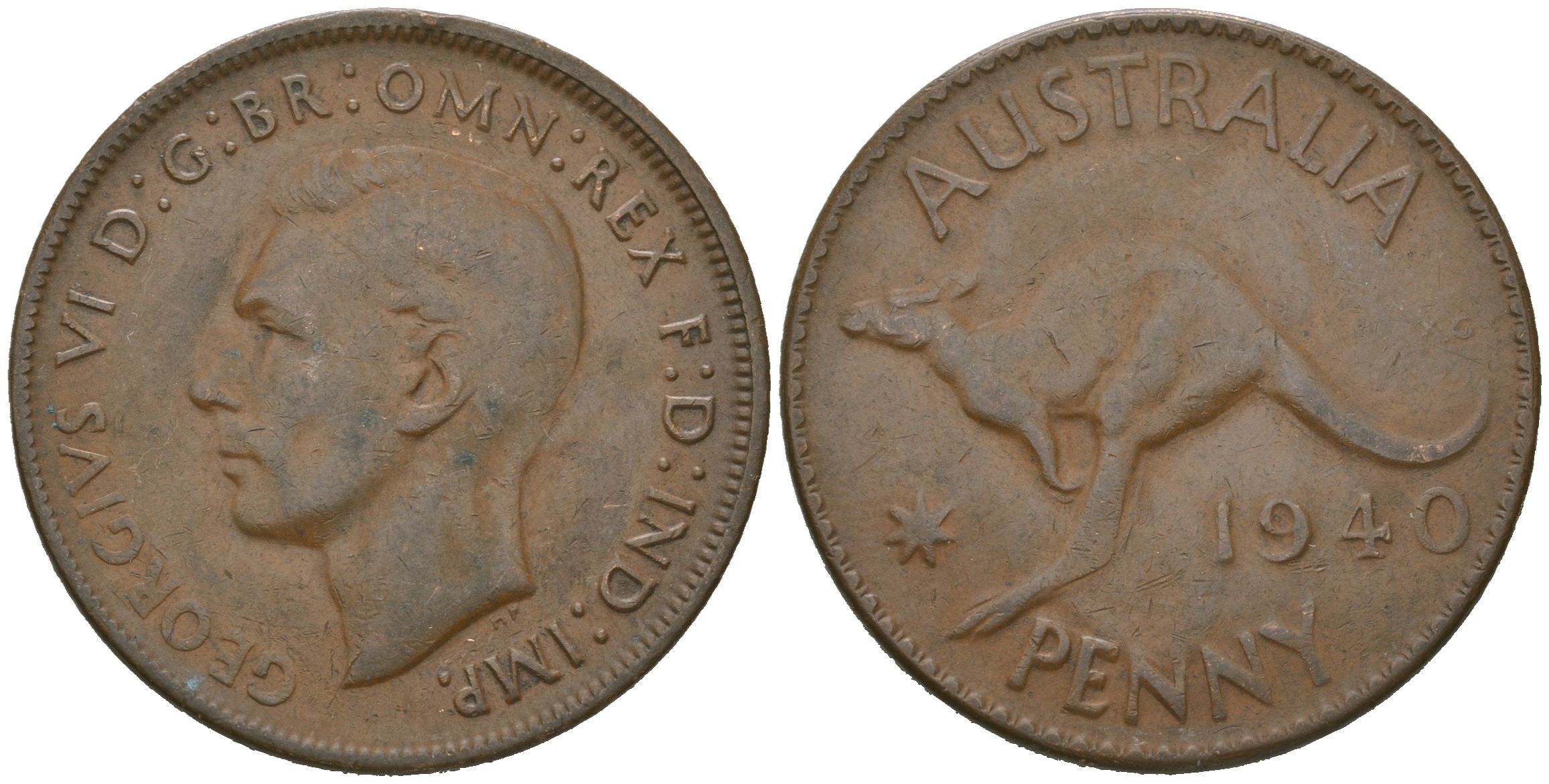 Австралия 1 пенни 1940 Георг VI (1936-1952), кенгуру KM 36 бронза 4619-1051