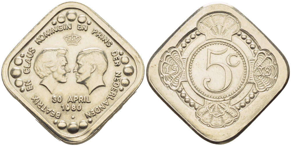 НИДЕРЛАНДЫ ЖЕТОН 1980 КОРОНАЦИЯ КОРОЛЕВЫ БЕАТРИКС 30 АПРЕЛЯ 1980, БЕАТРИКС И ПРИНЦ КЛАУС медно-никель 83-1744