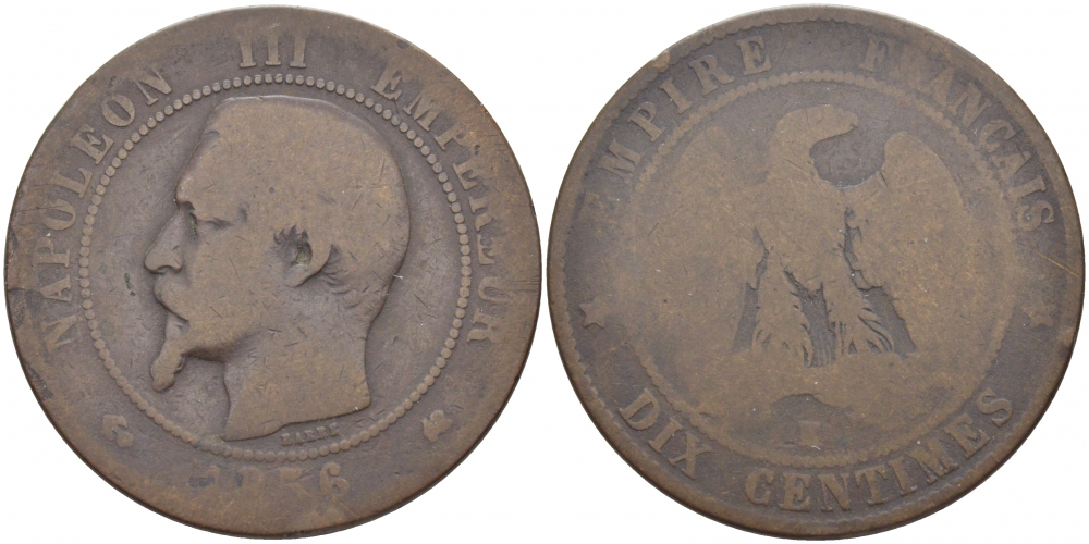 ФРАНЦИЯ 10 САНТИМОВ 1856 K, НАПОЛЕОН III (1852-1870) KM 771.5, LA FRANC 133.36 бронза 114-1212
