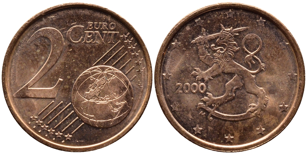 ФИНЛЯНДИЯ 2 ЕВРОЦЕНТА 2000 KM 99 сталь плакированная медью UNC 4387-1257