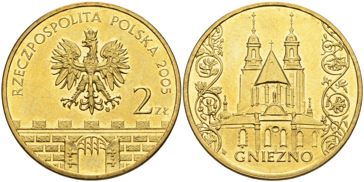 Польша 2 злотых 2005 MW, серия исторические места, Гнезно (Gniegno), собор Девы Марии KM 564, Parchimowicz 956 нордик 4586-1135