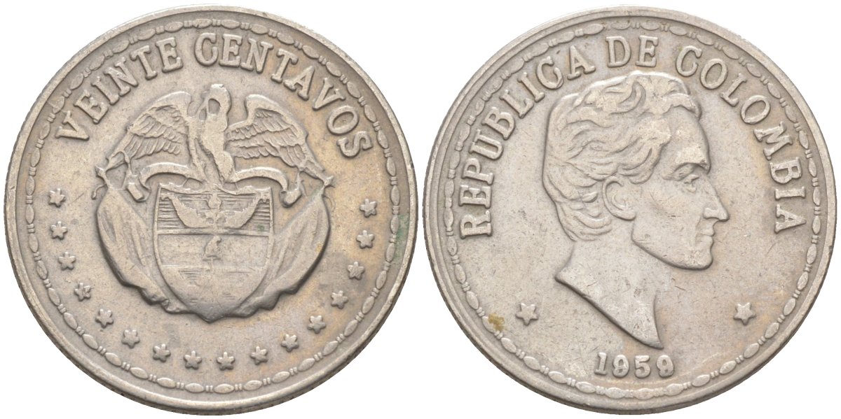 Колумбия 20 сентаво 1959 Симон Боливар KM 215.1 медно-никель 219-1015
