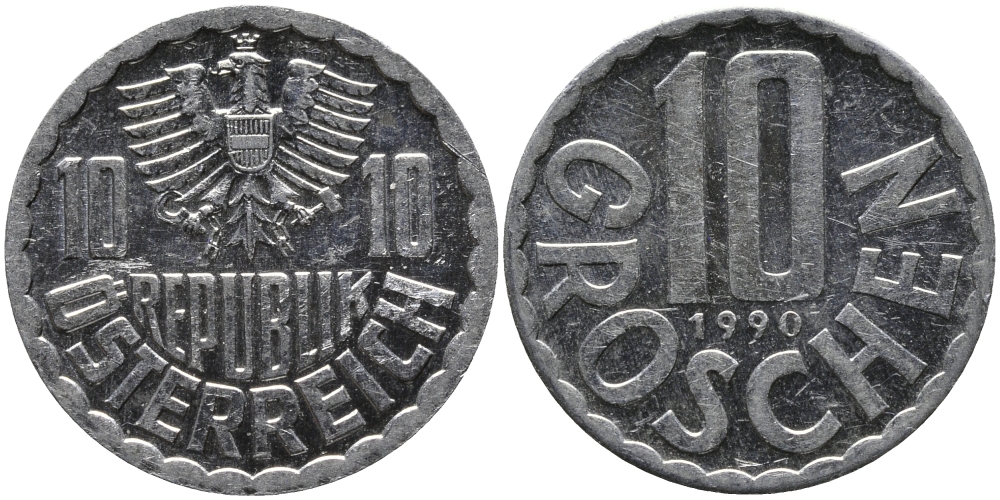 АВСТРИЯ 10 ГРОШЕЙ 1990 KM 2878 алюминий 33-347