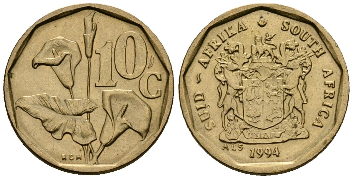ЮАР 10 центов 1994 цветок KM 135 сталь плакированная латунью 4173-958