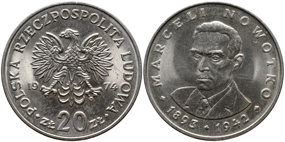 Польша 20 злотых 1974 MW, Марцелий Новотко KM 69, Parchimowicz 246 медно-никель UNC 441-825