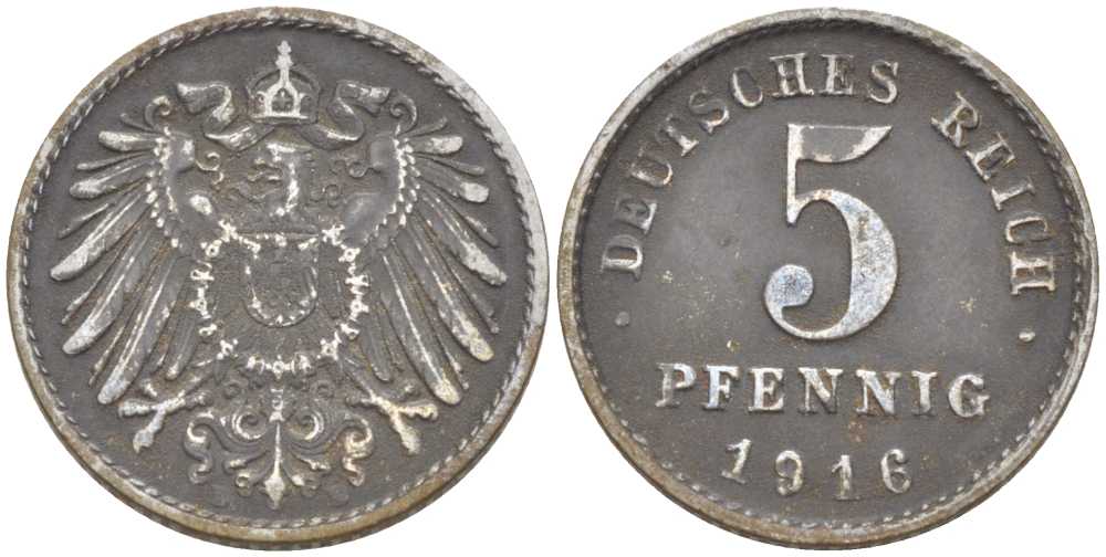 ГЕРМАНИЯ 5 ПФЕННИГОВ 1916 D KM 19, J. 297, Weege 5 железо 206-713