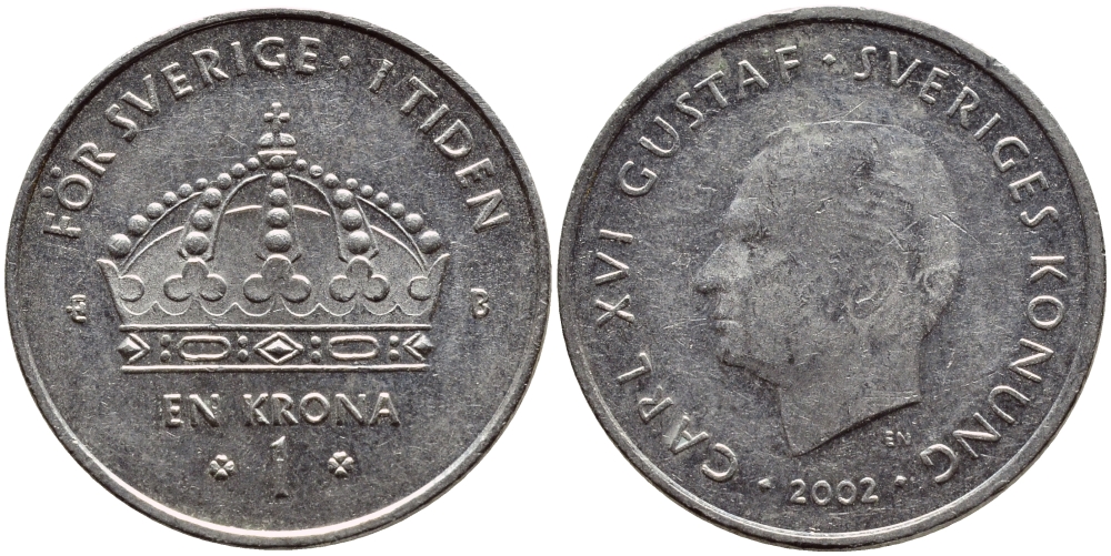 Швеция 1 крона 2002 Карл XVI Густав (1973- ) KM 894 медно-никель 4380-331