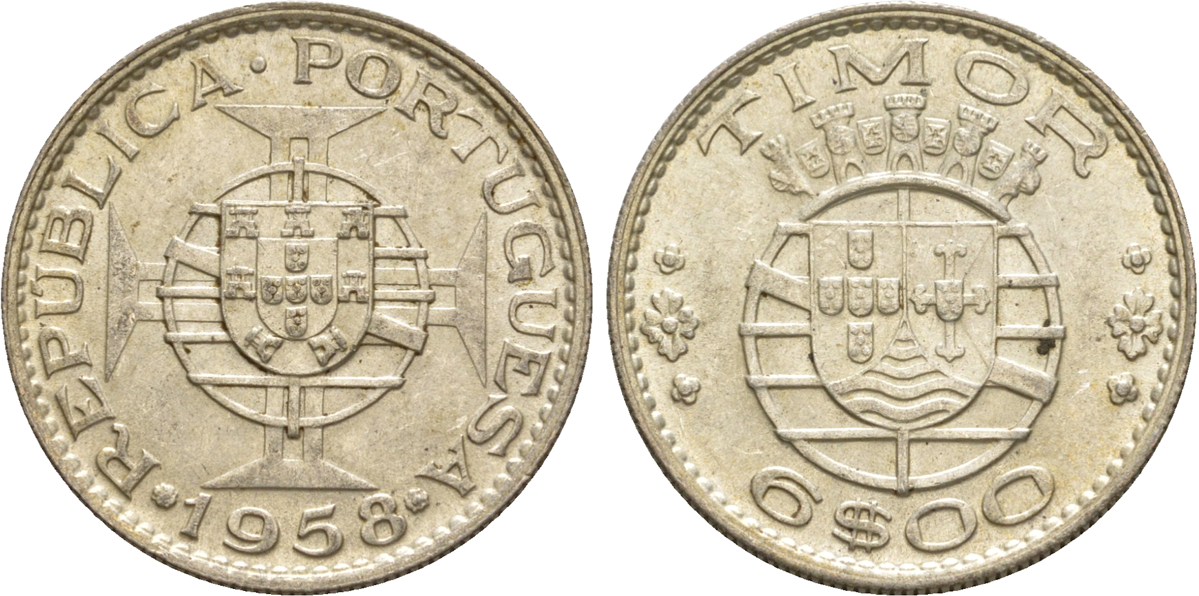 Португальский Тимор 6 эскудо 1958  KM 15 серебро  aUNC  4635-856