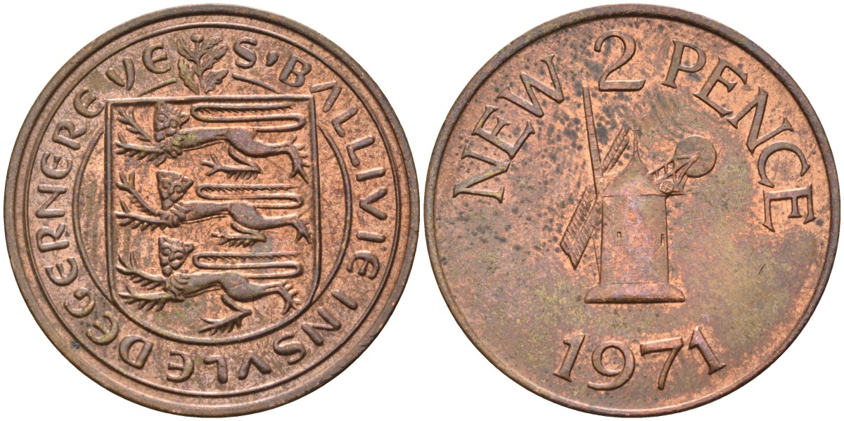 Гернси 2 пенса 1971 Елизавета II (1952-2022), ветряная мельница KM 22 бронза XF-UNC 4583-213