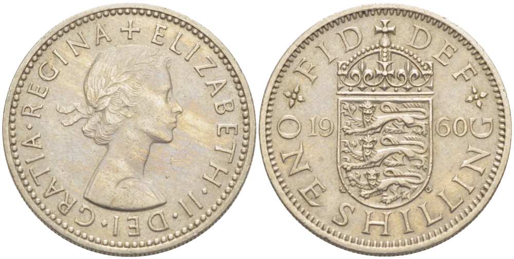 Великобритания 1 шиллинг 1960 Елизавета II (1952-2022), Английский герб KM 904, Spink 4147 медно-никель 217-334