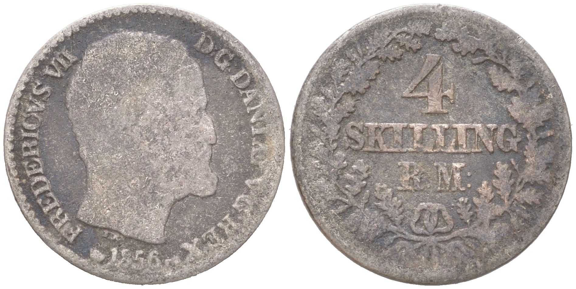 Дания 4 скиллинг-ригсмёнта 1856 VS, Фредерик VII (1848-1863) KM 758 серебро 4621-963