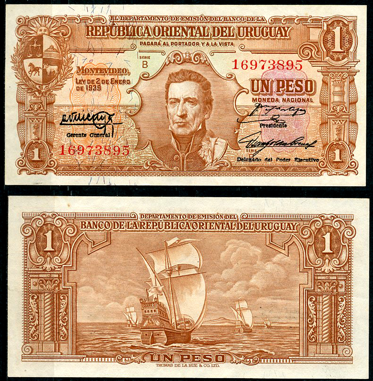 Уругвай 1 песо 1939 Хосе Хервасио Артигас, парусник, серия B Pick 35 a  бумага  UNC (пресс) 451-701-4