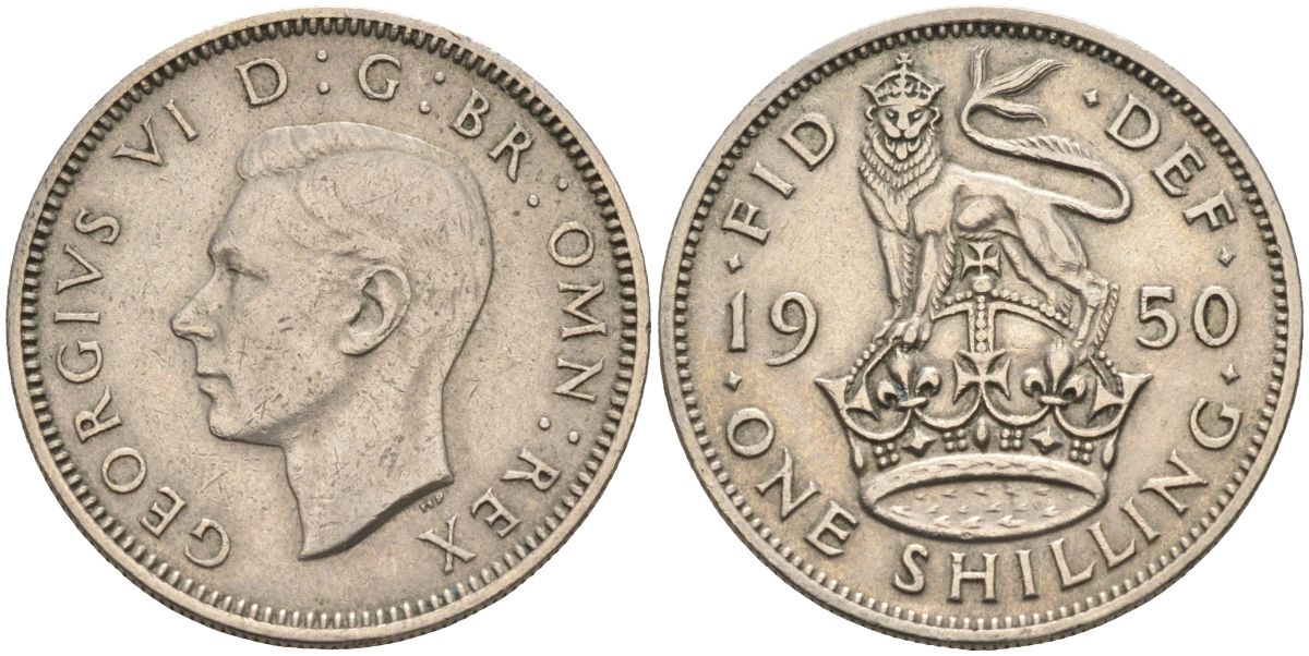 Великобритания 1 шиллинг 1950 Георг VI (1936-1952), Английский герб KM 876, Spink 4108 медно-никель 4126-452