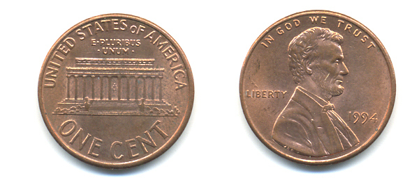 США 1 ЦЕНТ 1994 ЛИНКОЛЬН KM 201b цинк плакированный медью 86-313