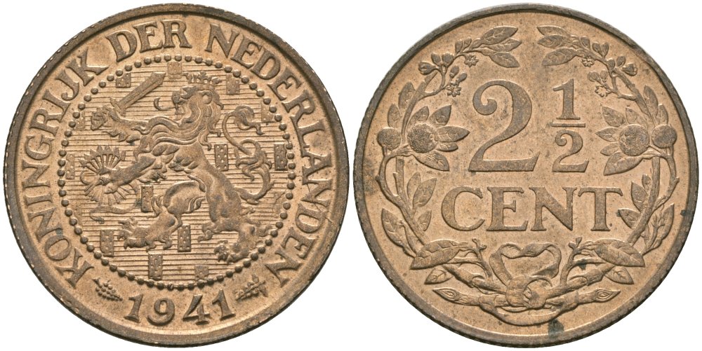 Нидерланды 2 1/2 цента 1941 Вильгельмина (1890-1948) KM 150 бронза 4579-233