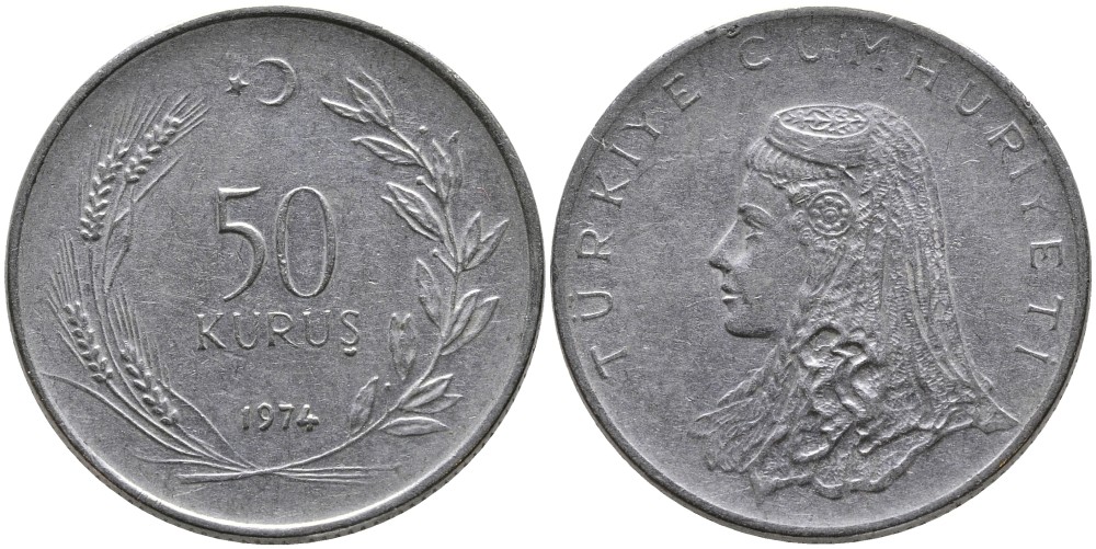 Турция 50 курушей 1974 Анатолийская невеста KM 899 нержавеющая сталь 4541-914