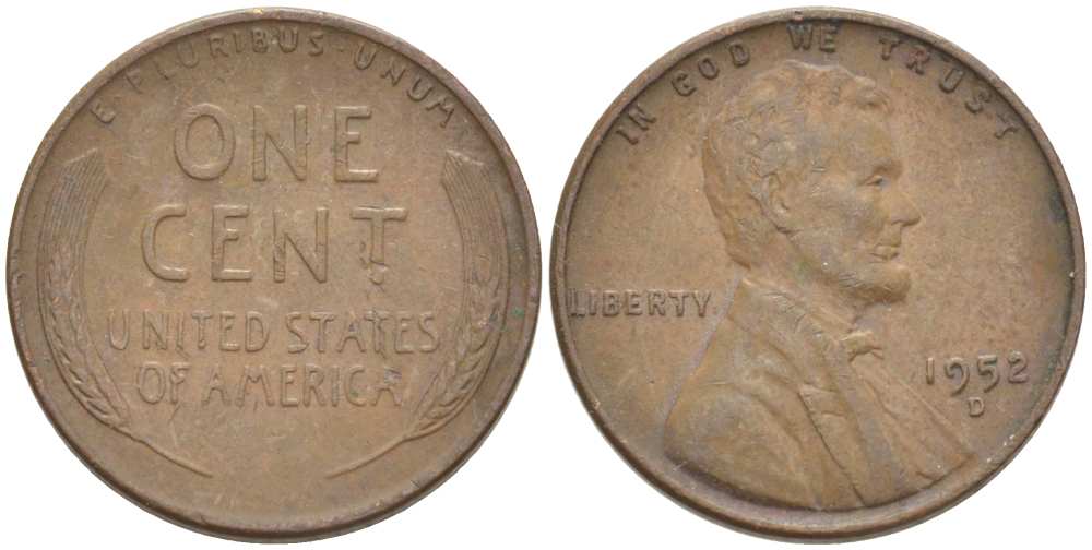 США 1 ЦЕНТ 1952 D, ЛИНКОЛЬН KM А132 медь цинк 3309-861