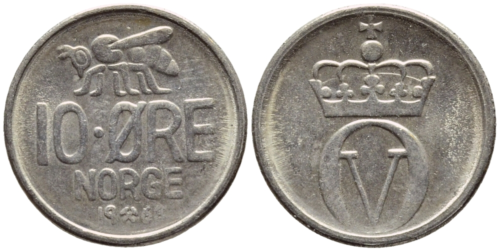 Норвегия 10 эре 1968 пчела, Улаф V (1958-1991) KM 411 медно-никель 4396-418