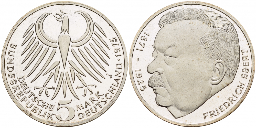 ФРГ 5 марок 1975 J, 50 лет со дня смерти Фридриха Эберта J. 416, KM 141 серебро PROOF 1087-3-15
