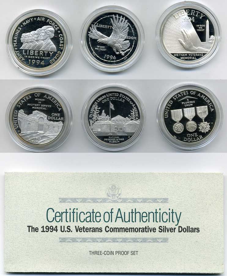 США набор из 3 монет по 1 доллару 1994 серия Ветераны, оригинальная коробка, сертификат KM 250, 251, 252 серебро PROOF 4-5-2-16