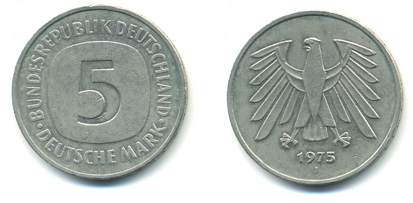 ФРГ 5 марок 1975 J, монетный двор Гамбург КМ 140.1, J. 415 медно-никель плакированный никелем 4379-115