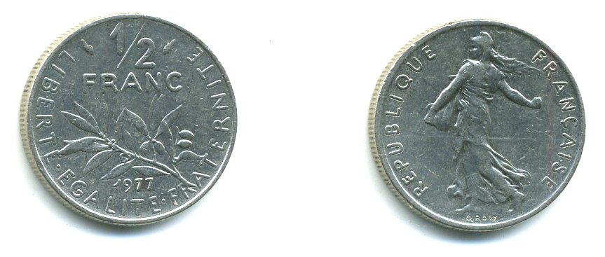 ФРАНЦИЯ 1/2 ФРАНКА 1977 СЕЯТЕЛЬ KM 931.1, LE FRANC 198.16 никель 23-1135