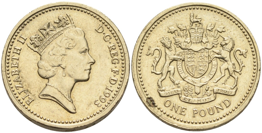 Англия 1 фунт 1993 КОРОЛЕВСКИЙ БРИТАНСКИЙ ГЕРБ KM 964, Spink 4336 никель латунь 88-512