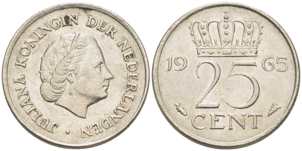 Нидерланды 25 центов 1965 Юлиана (1949-1980) KM 183 никель 214-944