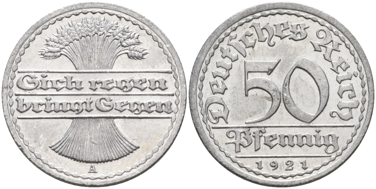 Германия 50 пфеннигов 1921 A KM 27, J.301, Weege 10 алюминий UNC 4584-821