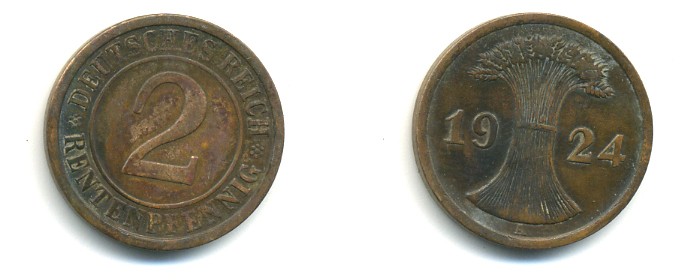 ГЕРМАНИЯ 2 РЕНТЕНПФЕННИГА 1924 A KM 31, J.307 медь 4379-1035