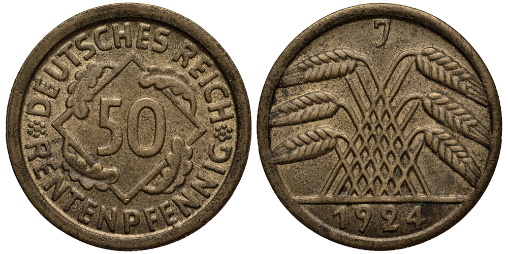 Германия 50 рентенпфеннигов 1924 J J. 310, KM 34 алюминиевая бронза 413-3131