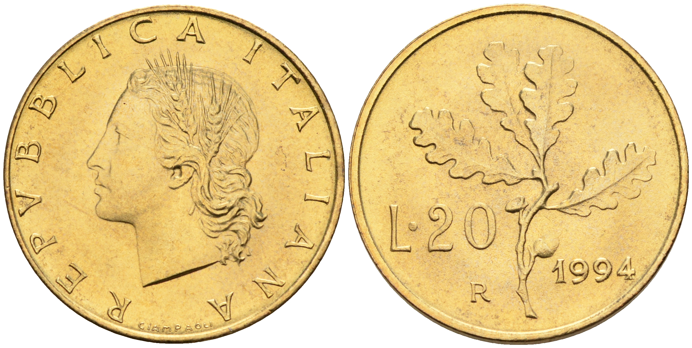 Италия 20 лир 1994 R, дубовый лист KM 97.2 алюминиевая бронза  UNC  4594-868