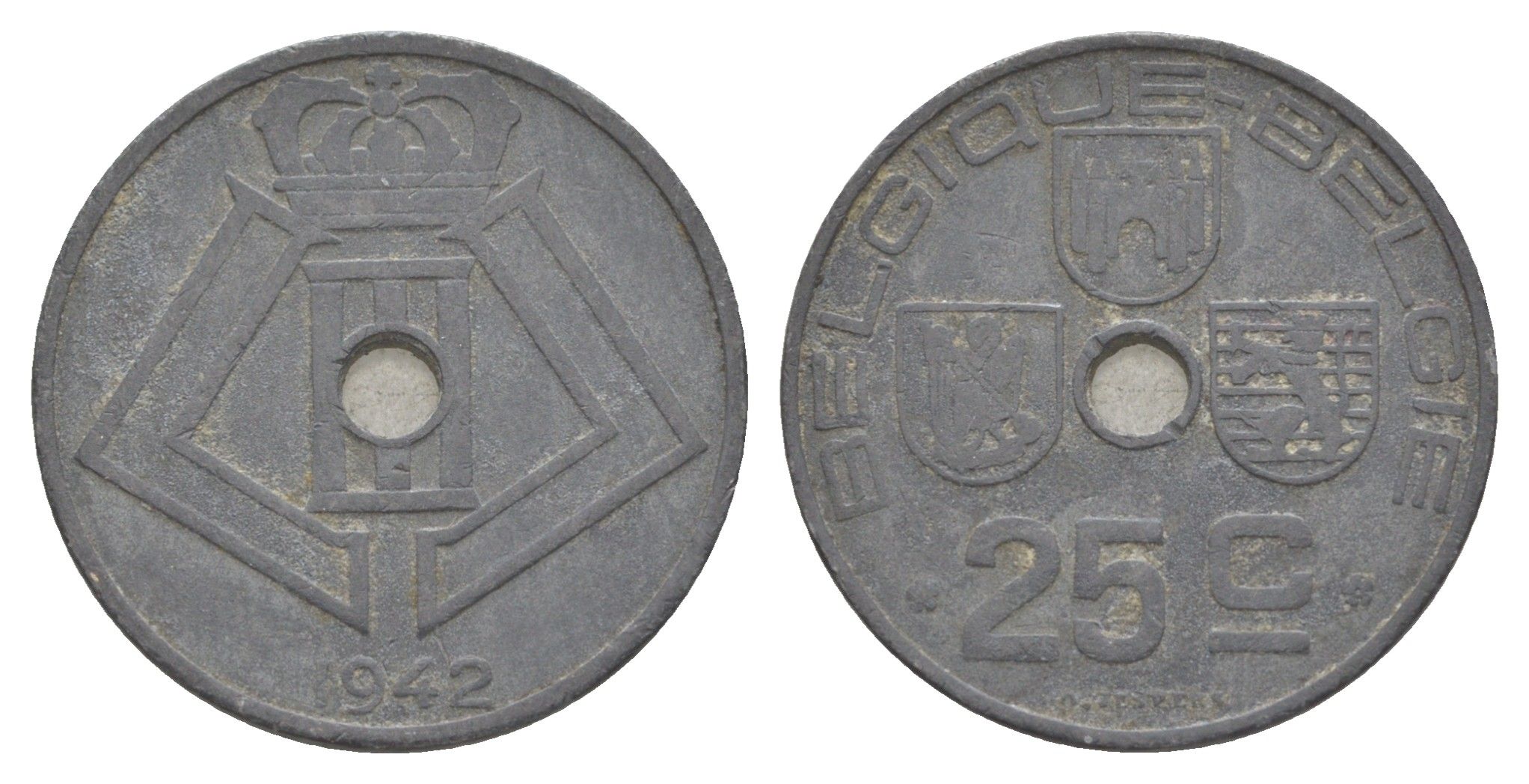 Бельгия 25 сантимов 1942 Belgique - Belgie, Леопольд III (1934-1947), германская оккупация, Вторая мировая война KM 131 цинк 4619-1017