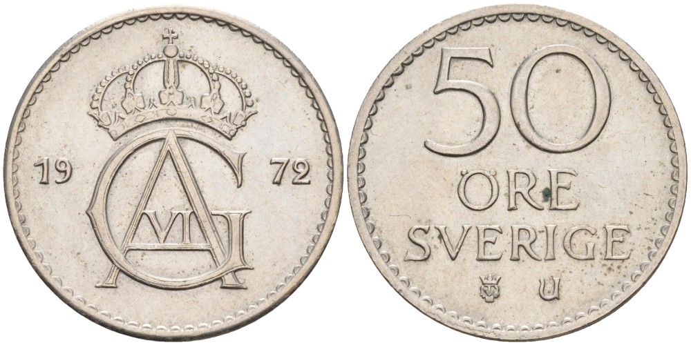 Швеция 50 эре 1972 U, Густав VI Адольф (1950-1973) KM 837 медно-никель 4538-631