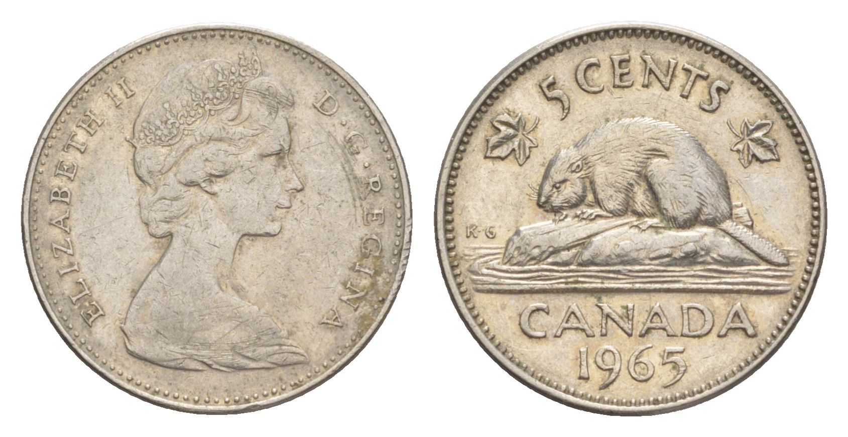 Канада 5 центов 1965 Елизавета II (1952-2022), бобр KM 60.1 никель 4639-445