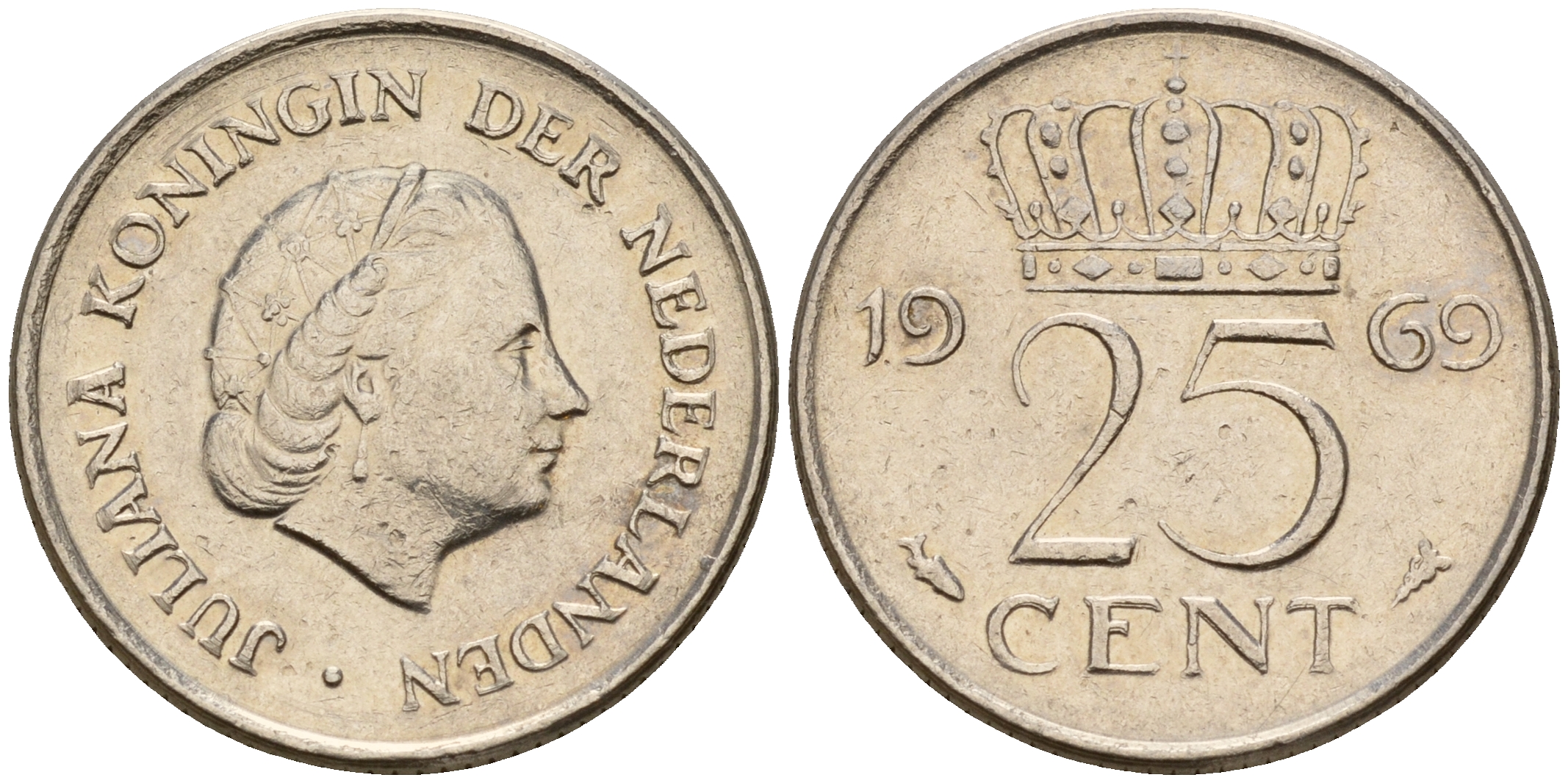 Нидерланды 25 центов 1969 Юлиана (1949-1980) VIS KM 183 никель    4598-431