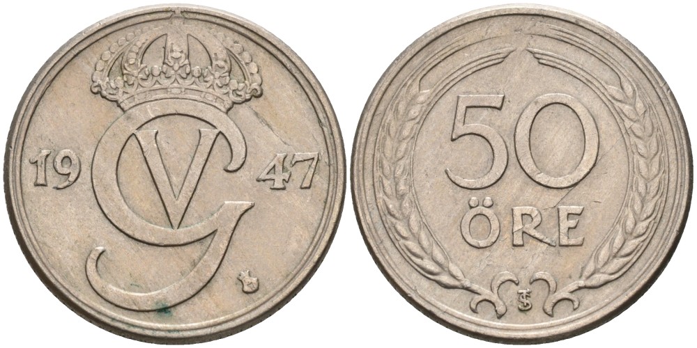 Швеция 50 эре 1947 TS, Густав V (1907-1950) KM 796 никель бронза 73-1421