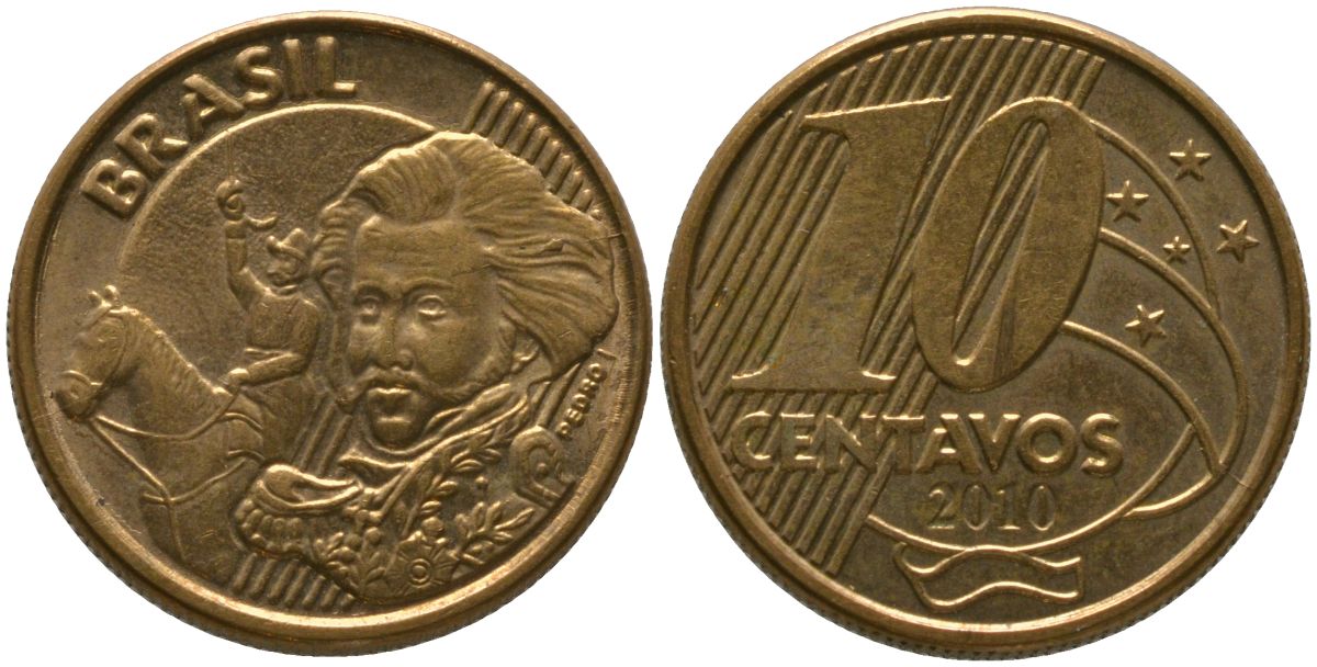 Бразилия 10 сентаво 2010 KM 649, Schon 157 сталь плакированная бронзой 4523-916