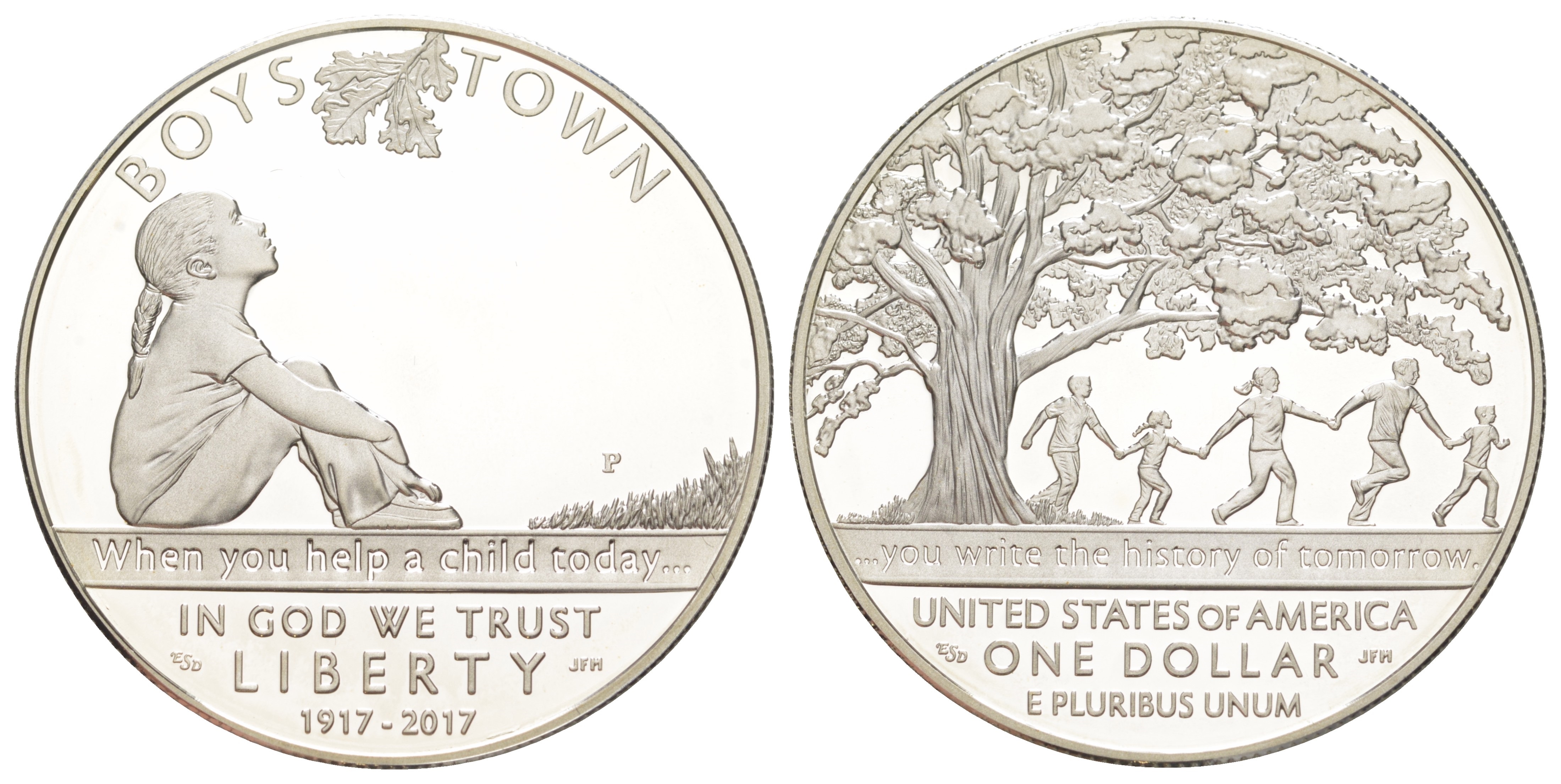 США 1 доллар 2017 P, 100 лет организации "Boys Town", в оригинальной коробке, с сертификатом KM 660 серебро PROOF 8-2-02-09