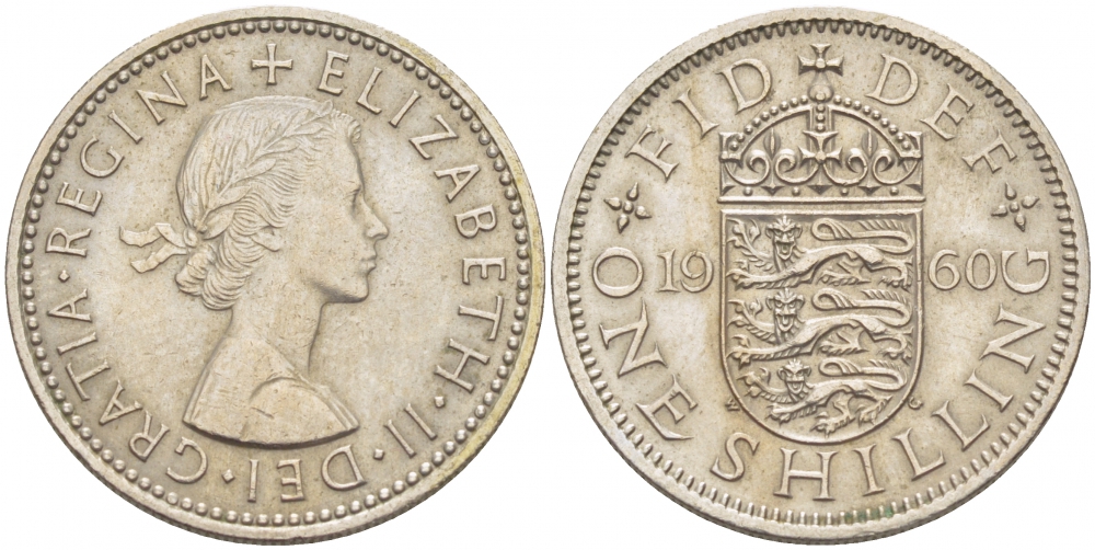 Великобритания 1 шиллинг 1960 Елизавета II (1952-2022), Английский герб KM 904, Spink 4147 медно-никель 77-117