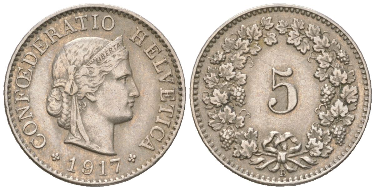 Швейцария 5 раппенов 1917 B KM 26 медно-никель 4160-813