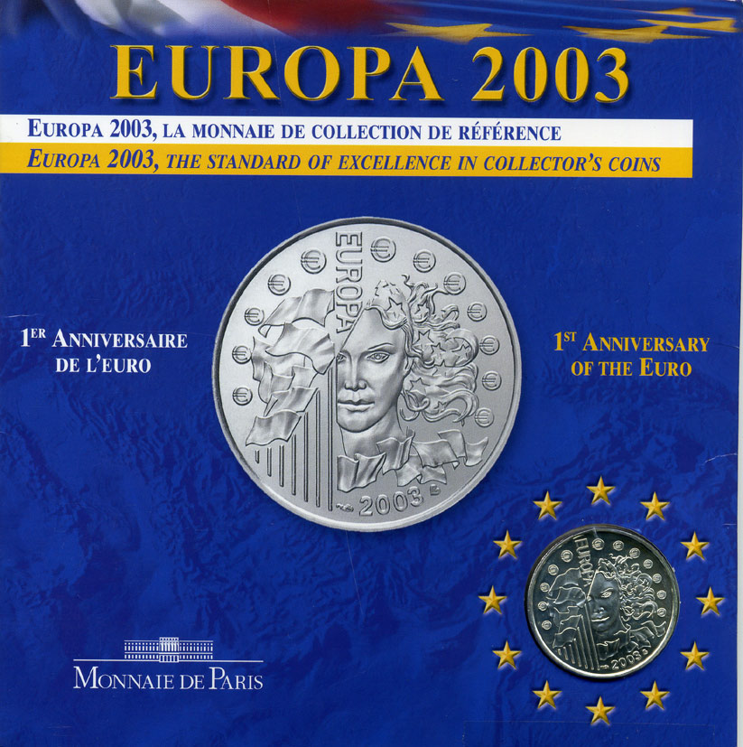 Франция 1/4 евро 2003 первая годовщина евровалюты, в оригинальном буклете серебро bUNC 7-5-4-02