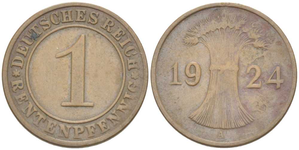 Германия 1 рентенпфенниг 1924 A KM 30, J. 306, Weege 1 бронза 211-566