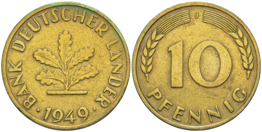ФРГ 10 ПФЕННИГОВ 1949 J KM 103, J. 378 сталь плакированная латунью 219-417
