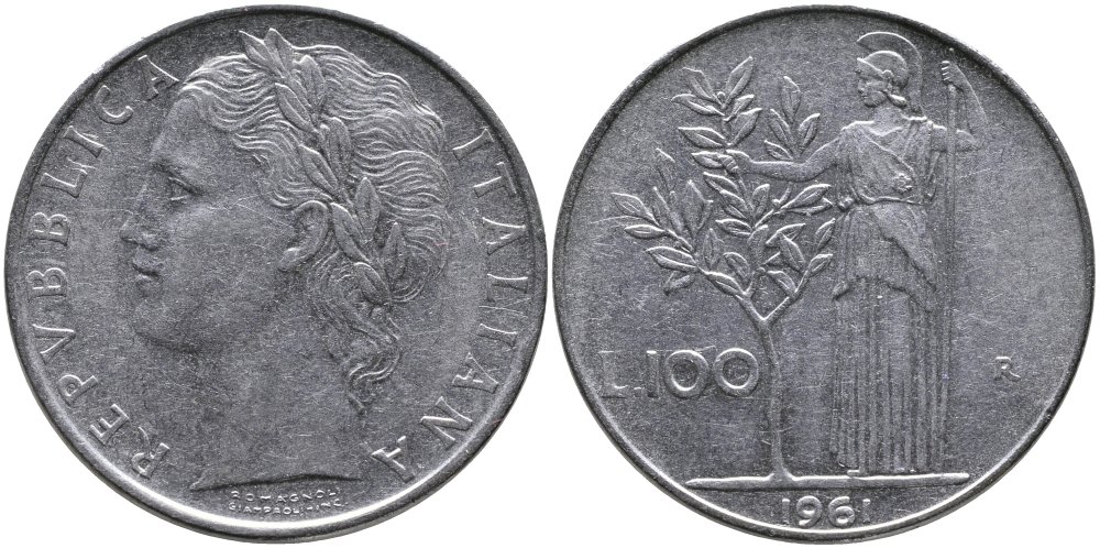 ИТАЛИЯ 100 ЛИР 1961 R, АФИНА KM 96.1 нержавеющая сталь 97-542