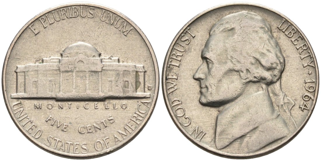 США 5 центов 1964 D, Джефферсон KM А192 медно-никель 92-1135
