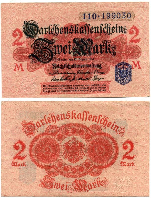 ГЕРМАНИЯ 2 МАРКИ 1914 РОЗОВАЯ БУМАГА, СИНЯЯ ПЕЧАТЬ, СЕРИЯ 110 Pick 55, Rosenberg 52d бумага 7551-10-1-1