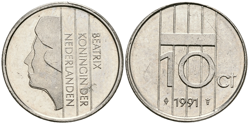 НИДЕРЛАНДЫ 10 ЦЕНТОВ 1991 БЕАТРИКС KM 203 никель 96-554