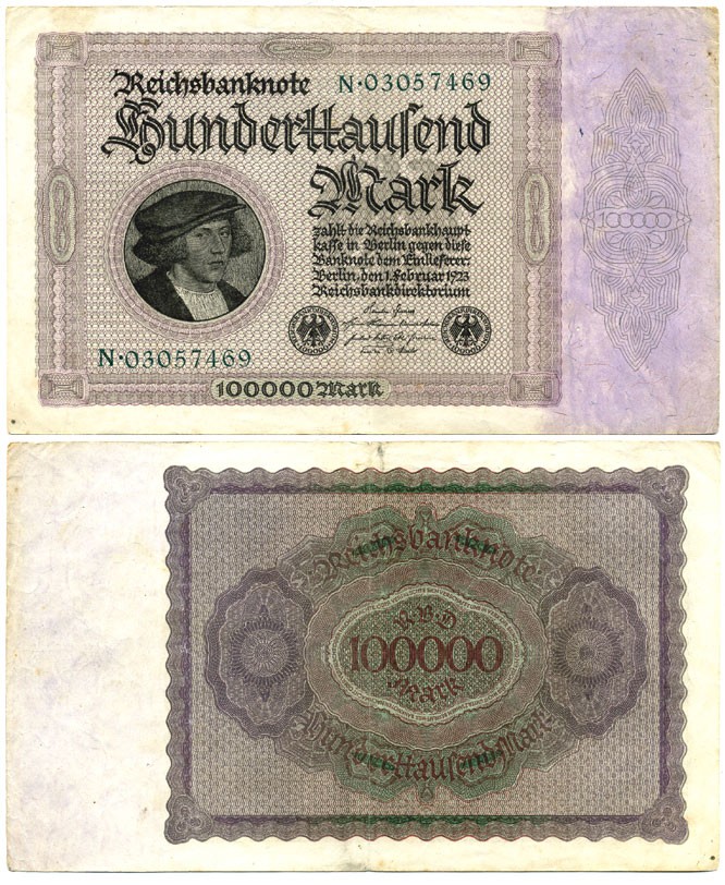 ГЕРМАНИЯ 100000 МАРОК 1923 1 ФЕВРАЛЯ 1923, БЕЗ Т ПОД ПОРТРЕТОМ Pick 83a бумага 6289-44-2-1